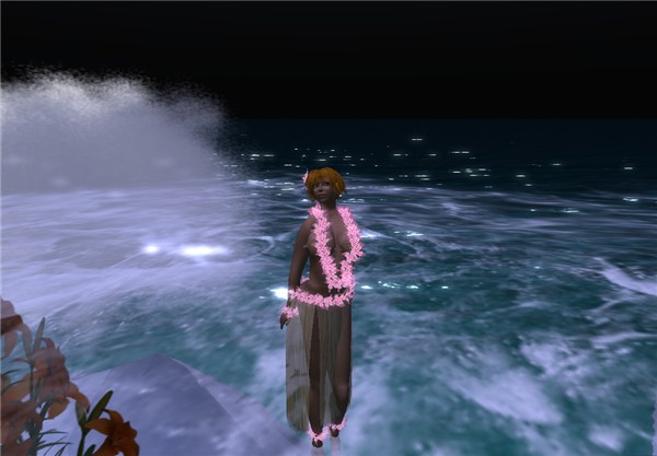 Hula girl and ocean by night