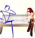 on a bench with LDs stick man