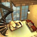 smaller than it looks,  but phat all the same - pig having a 
 drink chilled out with record player  spiral stair light - torley.linden